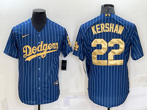 Men's Los Angeles Dodgers #22 Clayton Kershaw Navy Gold Cool Base Stitched Baseball Jersey